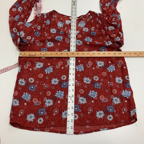 Lucky Brand Blouse Women M Rust Multi Floral Shirred Shoulder V Neck Long Sleeve - Picture 8 of 13